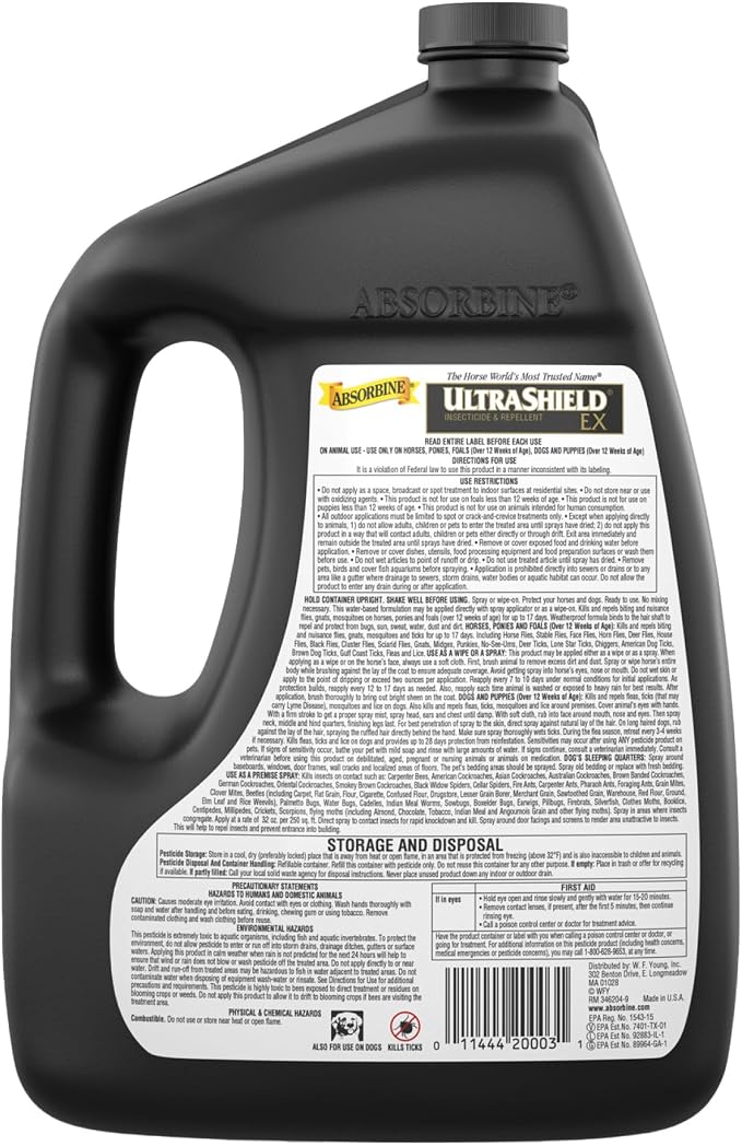 Absorbine UltraShield EX 128oz Insecticide, Kills & Repels Flies, Mosquitoes, Ticks, Fleas, Lice, Use on Horses, Dogs, Premises