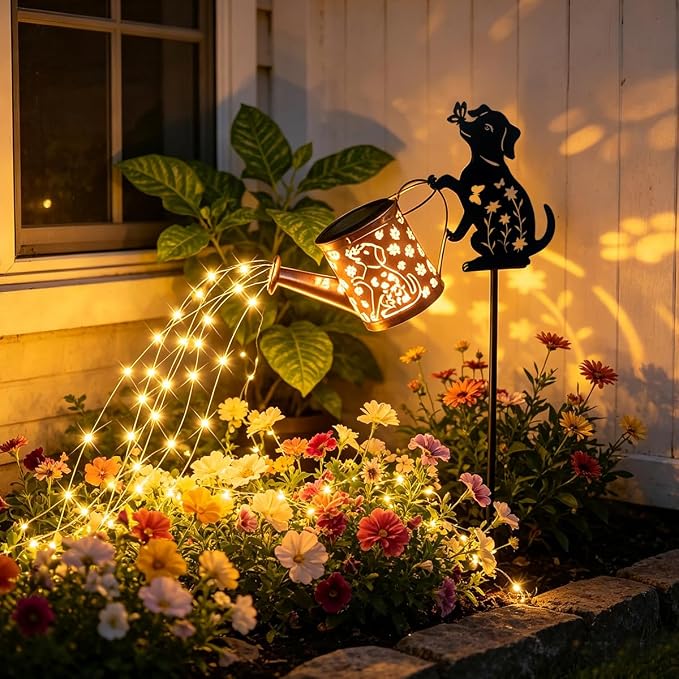 2 Pcs Dog Solar Watering Can with Light, Featuring Metal Dog Statue Silhouette Stake,Outdoor Yard Decor Gift for Women, for Outside Landscapes, Lawn, Garden Path Decoration