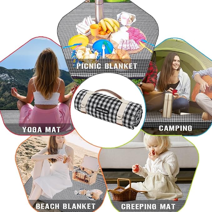 Picnic Outdoor Blankets Waterproof Extra Large - Beach Mat Sand Free Foldable with Carry Strap | Portable Camping Blanket | Park Blanket for Grass Park, Hiking, Travel, Concerts, Indoor (Black)