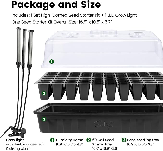SOLIGT 60 Cell Seed Starter Trays with Grow Light, Seed Starter Kit with 4.3“ Higher Humidity Domes, Full Spectrum Seedling Light with 8/12/18H Timer for Seed Starting, Seedling Growing