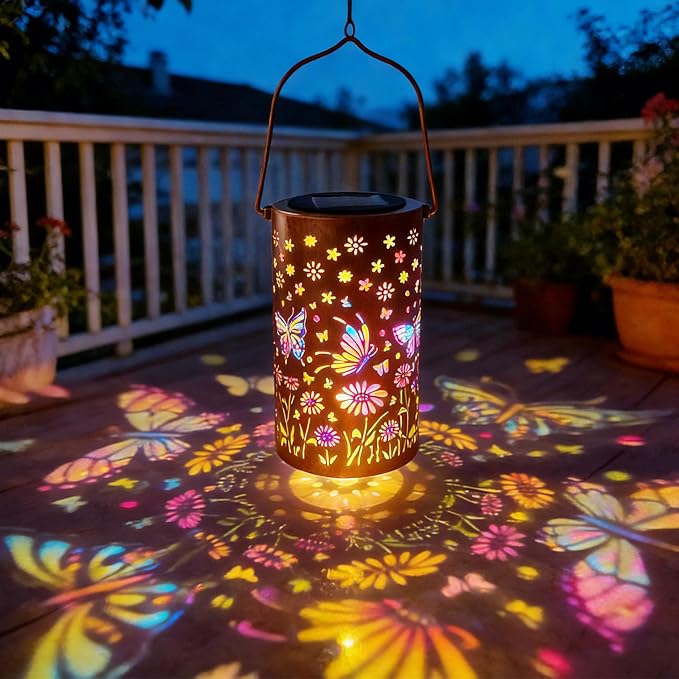 2-Pack Colorful Butterfly Solar Lanterns Outdoor Waterproof, Upgraded Garden Decor Metal Butterfly Hanging Solar Lantern for Outside Patio Tree Table Front Porch Decor, Gifts for Mother Grandma Women