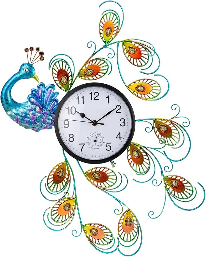 Unique Outdoor Clock Silent None-Ticking, Outdoor Wall Clock with Thermometer, Waterproof Outside Clock for Patio, Living Room, Kitchen (Blue Peacock)