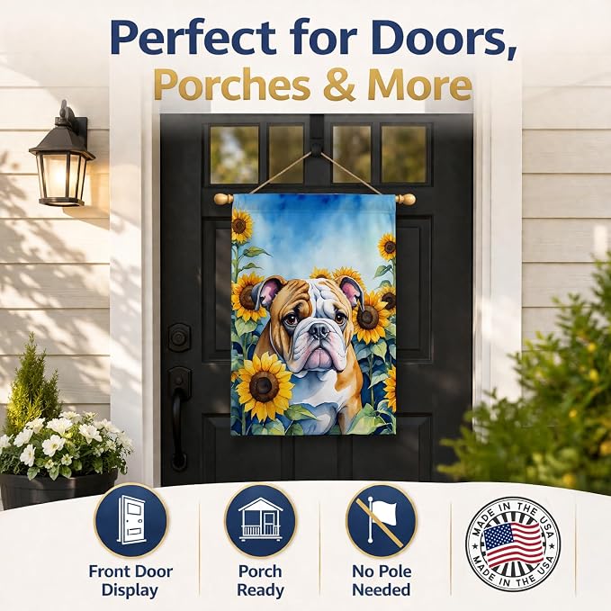 Caroline's Treasures DAC6072CHF English Bulldog in Sunflowers House Flag Large Porch Sleeve Pole Decorative Outside Yard Banner Artwork Wall Hanging, Polyester, House Size, Multicolor