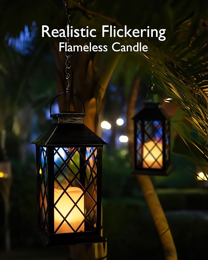 Homemory Solar Lanterns Outdoor Waterproof Hanging with Flickering Flameless Candles, 2 Pack Garden Outdoor Lantern Decorative for Patio Front Porch Backyard Balcony Cabin Outside (Bronze)