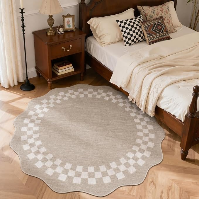 GarveeHome 6ft Scalloped Washable Round Rug for Living Room Bedroom | Modern Border Area Rug