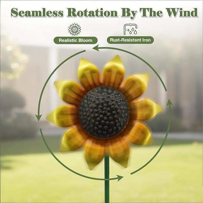 Sunflowers Metal Yard Art Wind Spinners Outdoor Decoration Stakes | 5pcs Lawn Ornaments, Lawn Decorations Garden Stakes, Metal Outside Decor for Flower Garden Decor, Sunflower Gift for Women