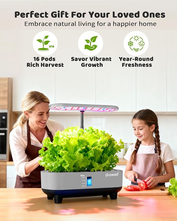 Growell 16 Pods Hydroponics Growing System Kit with 3 Light Modes & 2 Timer | Smart Water Circulation, LED Grow Light, 8L Large Water Tank, Coutertop, Indoor Herb Garden, Perfect Gardening Gifts, Gray