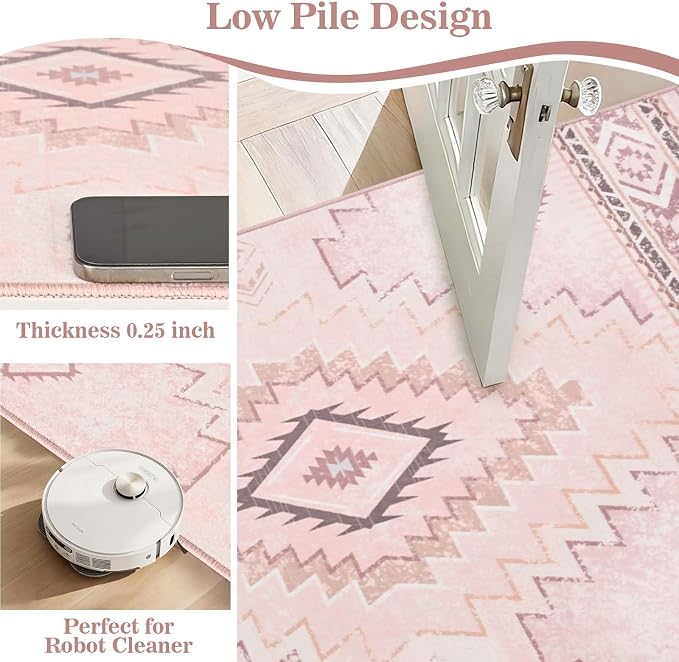 Yinhua 3x5 Pink Area Rug for Entryway, Western Washable Rug Low-Pile | Soft Moroccan Area Rugs Non-Slip with Rubber Backing, Stain Resistant Non-Shedding Carpet for Bedside Living Room
