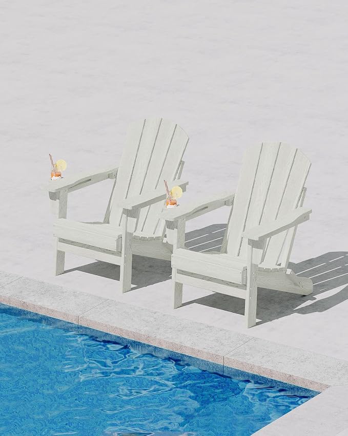 GarveeLife Folding Adirondack Chair Set of 6, All-Weather HDPE Outdoor Chair, Wooden Textured with Cup Holder for patios, Decks, Gardens, fire pits, White
