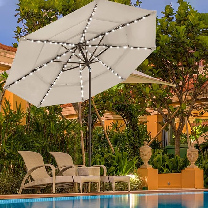 EliteShade USA 10-Year-Non-Fading 9ft 3-Tier Market Patio Umbrella, Commercial Table Umbrella with 80 Solar LED Lights, Crank Open, Windproof & UPF 50+ UV Protection for Garden, Deck, Pool, Backyard, Antique Beige