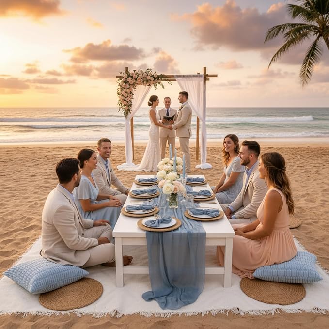 Beeveer 14 Pack Picnic Kit 91x71 Inch Extra Large Outdoor Boho Picnic Blanket with Gray Blue Table Runner, 6 Throw Pillow Cover 6 Napkin Woven Cotton Yarn Washable Beach Blanket for Camp Wedding Decor