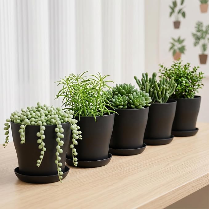 Yinder 32 Pcs 6 Inch Nursery Pots Flower Pots Black Plastic Plant Pot Seed Starting with Saucers and Drainage Holes Plant Container for Herbs Houseplants Seeding Nursery Flowers