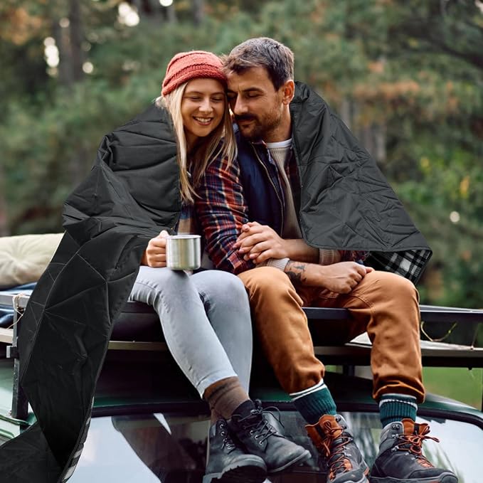 Large Waterproof Outdoor Blanket Thick Fleece 80" x 58" | Windproof Stadium Blanket, Wearable Poncho, Machine Washable for Camping, Car, Pet, Picnics - Black Check