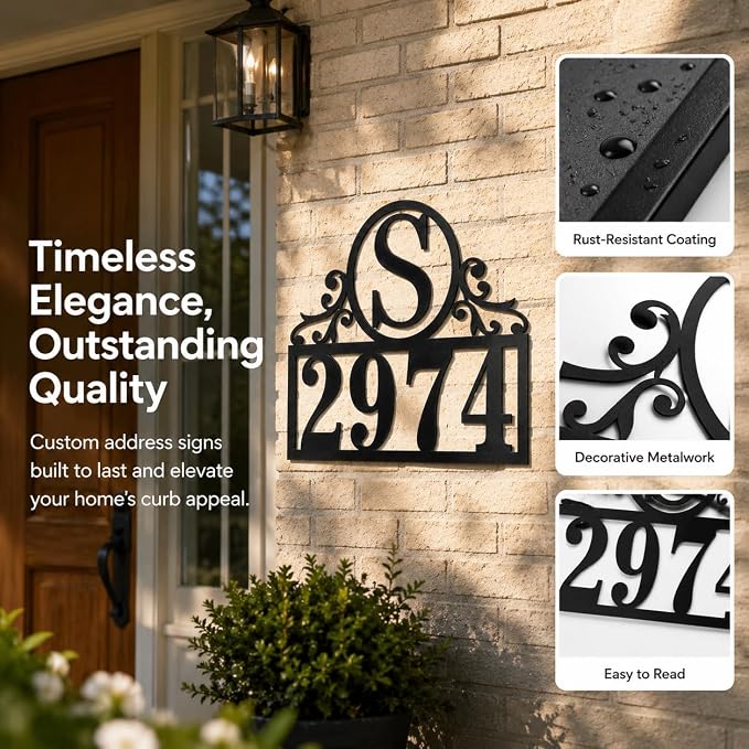 Personalized Metal House Number Sign for Outside, Custom Address Plaque with Family Initial, Door Number Plate for Yard Porch Wall Decor, House Numbers for Home