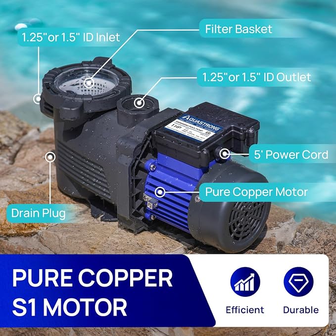 AQUASTRONG 1 HP Above Ground Pool Pump, Single Speed, 1.25"&1.5''adapter, 115V, 4945GPH, High Flow, Powerful Self Primming Swimming Pool Pumps with Filter Basket