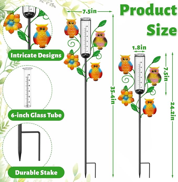 Owl Rain Gauge Outdoor, Metal Rain Gauges Stake with 6“ Glass Tube, Decorative Rain Gauges for Yard Garden Lawn for Precipitation Measurement