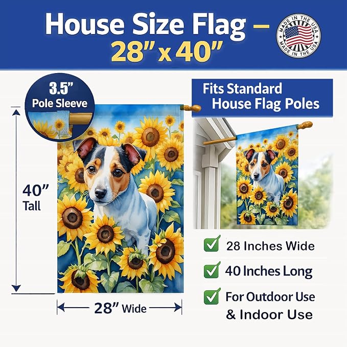 Caroline's Treasures DAC6102CHF Jack Russell Terrier in Sunflowers House Flag Large Porch Sleeve Pole Decorative Outside Yard Banner Artwork Wall Hanging, Polyester, House Size, Multicolor