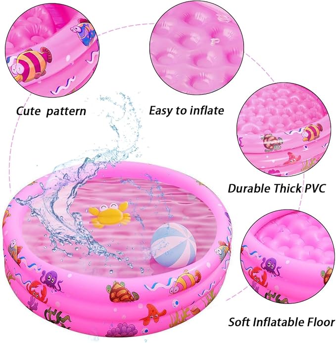 Inflatable Baby Kiddie Pools, 3 Rings Round Swimming Pool, Toddler Fun Water Swim Beach Floaties Toys, Kids Fishing Pond Ball Pit Pool, Small Infant Pool (Pink, 47 inch)
