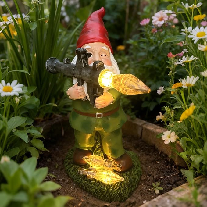 Large Garden Gnome Statue with Guns, Solar Military Army Soldier Guardian Hunter Gnome Garden Decoration Figurine Lights Porch Decor Valentine's Day Men Gift Scale War Combat Guards Patriotic Dwarves
