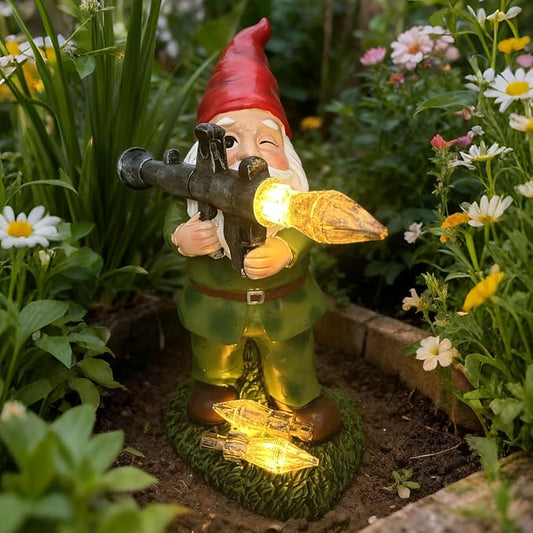 Large Garden Gnome Statue with Guns, Solar Military Army Soldier Guardian Hunter Gnome Garden Decoration Figurine Lights Porch Decor Valentine's Day Men Gift Scale War Combat Guards Patriotic Dwarves