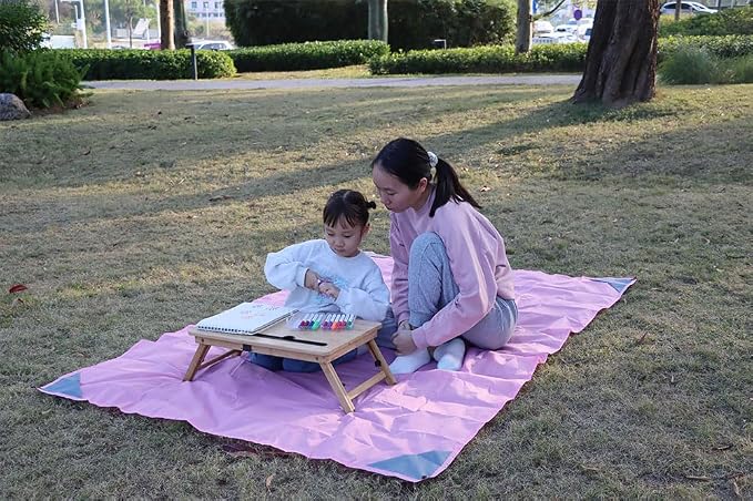 Orga'Neat Pocket Picnic Blanket, Beach Mat Waterproof Sandproof, Compact Lightweight Small Tarp for Camping, Hiking, Backpacking, Festival, Travel, Foldable in Bags (Pink/Grey, 55"x79")