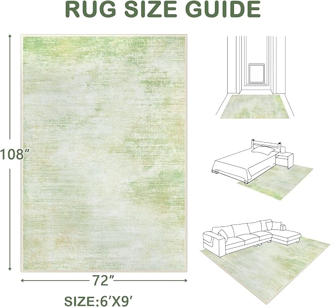 Area Rugs 6x9 Living Room: Washable Rug Modern Abstract Large Rugs Soft Non Slip Neutral Rug Stain Resistant Indoor Carpet for Bedroom Kitchen Dining Room Nursery Home Rugs(Green,6'x9')