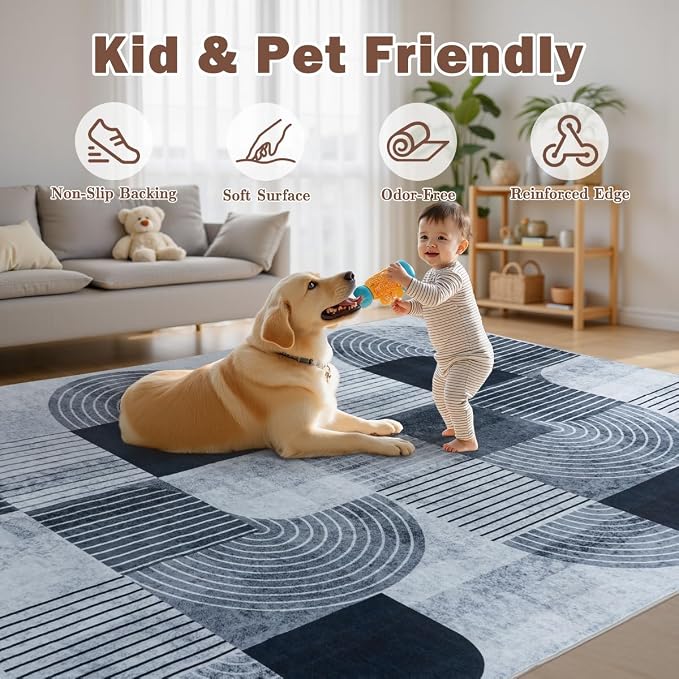 6x9 Area Rugs for Living Room Rug Washable, Non-Slip Modern Rug | Stain Resistant, Soft Carpet Indoor Floor Carpets for Entryway Bedroom Dining Room Kitchen and Home Office,Blue & Gray