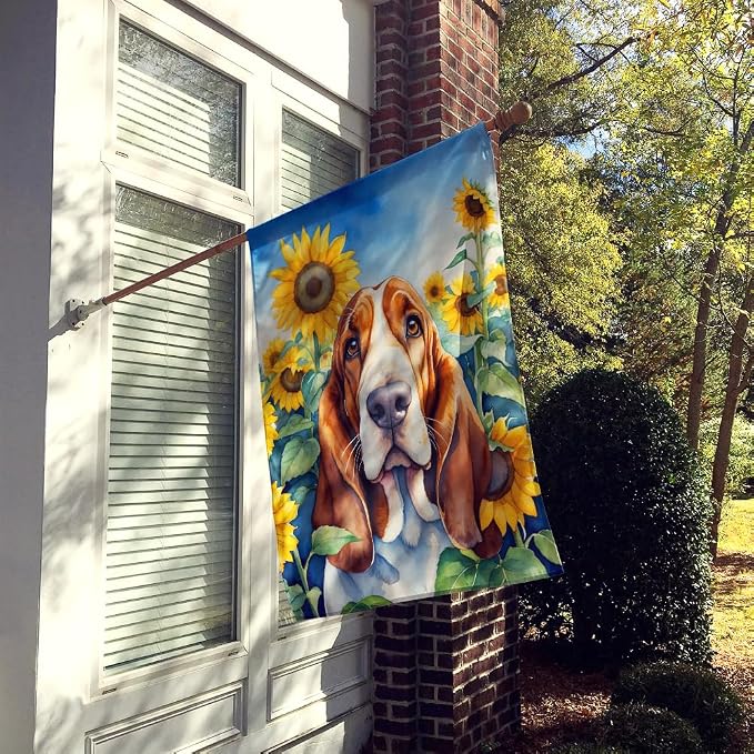 Caroline's Treasures DAC6018CHF Basset Hound in Sunflowers House Flag Large Porch Sleeve Pole Decorative Outside Yard Banner Artwork Wall Hanging, Polyester, House Size, Multicolor