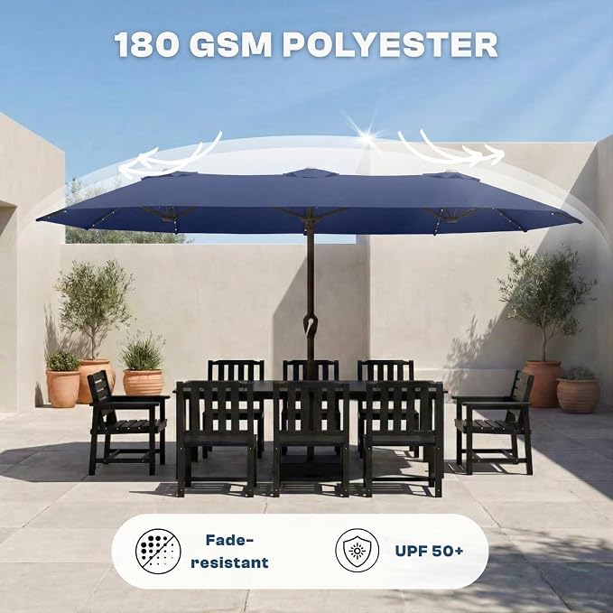 15FT Large Patio Umbrella with Base Included, Double Sided Outdoor Market Umbrella with Flexible Fiberglass Ribs, UV-Blocking Extra Large Umbrella for Garden, Pool, Deck, Navy Blue