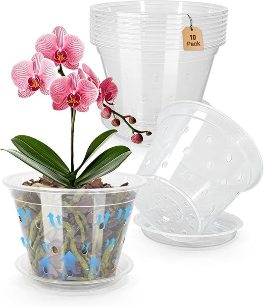 10 Pack 7 Inch Orchid Pot , Deeper and Thicker Plastic Orchid Pots with Holes, Clear Orchid Pots with Holes and Saucers for Repotting , Indoor and Outdoor Orchid Planter for Healthy Root Growth