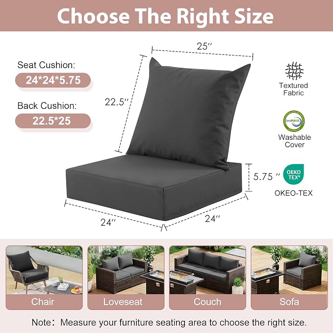 Outdoor Deep Seat Cushion Set, 24x24 Inch Water-Resistant & Fade-Resistant Outdoor Chair Cushions, Patio Furniture Cushions with Removable Cover for Patio Chair, Sofa, Dark Grey (Set of 2)