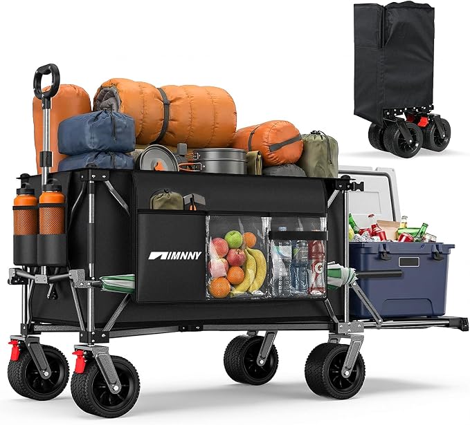 Collapsible Wagon with Tailgate, 55" Expandable 300L All-Terrain | 500 Lbs Heavy Duty, Utility Folding Wagon, 7"×4" Wheels, 360° Swivel & Brakes, Long Item Storage,Beach, Camping, Gardening
