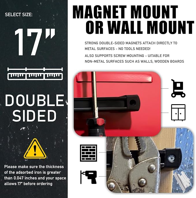 17 Inch Double Sided Magnetic Tool Holder, Heavy Duty Wall Mount Bar with Extra Strong Magnets for Screwdrivers Wrenches Pliers, Magnetic Tool Strips for Garage Workshop or Jobsite (2 Pack)