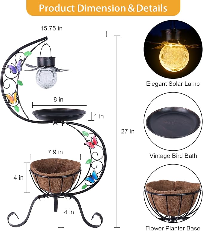 hogardeck Bird Bath for Outside with Solar Lamp, Metal Birdbaths for Outdoors with Flower Planter Pedestal, Vintage Birdbath for Garden Yard Patio Lawn Decor