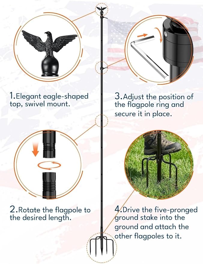 LETSTRY 10 FT In-Ground Flag Pole for Outside House, Heavy Duty Wind Resistant Flagpole with Upgraded 5-Prong Base,Portable Mount Flapoles Kit for Yard, Garden Decor, Residential Commerical, Black