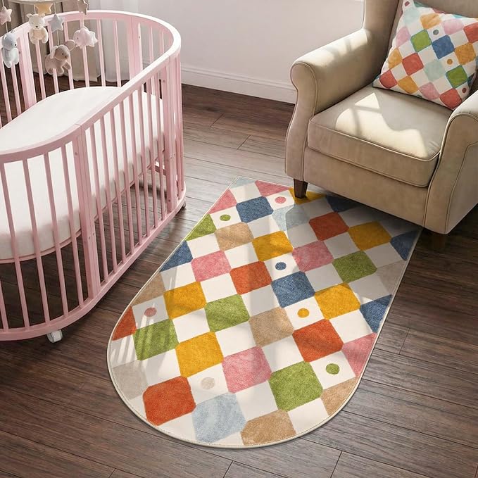jinchan 3x5 Washable Kids Rug Colorful Nursery Study Corner Arch Chair Mat | Soft, Non-Slip, Cute, Whimsical, Kid-Friendly, Dirt Trapping, Checkered Diamond, Cream Background, Doormat, Bedroom, Dorm