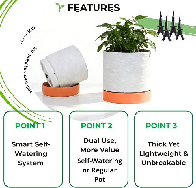 GreenShip Planter Set of 2 (9.8" & 7.8") – Cylinder Planters with Drainage Hole and Planter Saucer, Jun Porcelain Clay & Recycled Resin, Decorate Home,Office & Outdoor,White pots