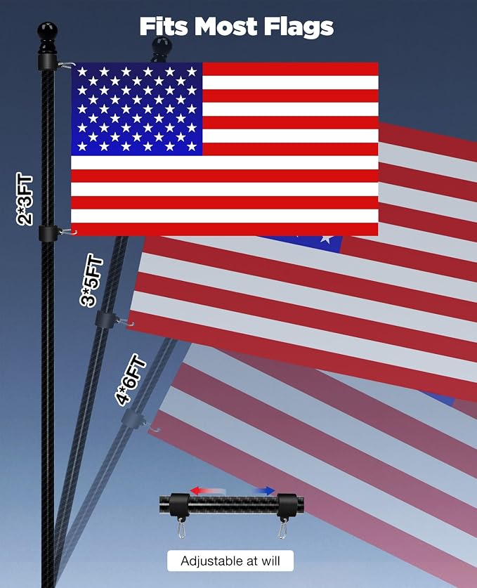6FT Carbon Fiber Flag Pole for Outside House – Silver Porch Flagpole, 1 Inch Diameter, Rustproof, 360° Rotating Flag Rings & Stainless Steel Carabiners Included, for All Weather (2, Black 6ft)