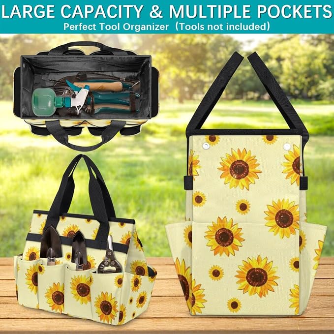 Sunflower Gardening Tool Bag,Heavy Duty Garden Tote Bag,Portable Oxford Gardening Storage Basket Organizer Handbag with Pockets Handle,Hand Tools Gifts for Outdoor Garden Lawn Yard