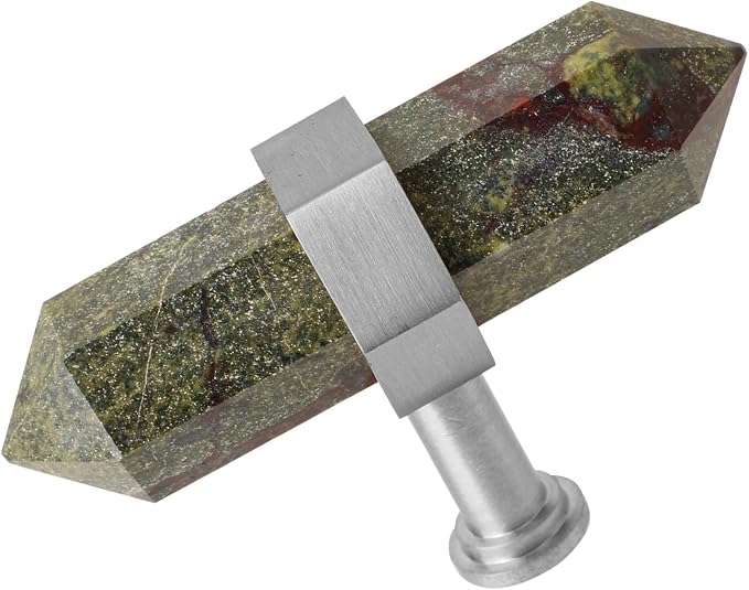 mookaitedecor Set of 2 Dragon Blood Jasper Double Crystal Points Drawer Knobs with Screws, Decorative Stone Cabinet Handle Pulls for Dresser Cupboard Kitchen Decor, Brushed Stainless Steel