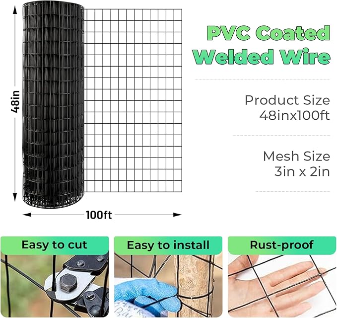 Garden Fence Black PVC Coated Welded Wire Fencing 48 Inch x 100 Foot, 2 Inch x 3 Inch 16GA, Garden Border Fencing Roll Vinyl Coating Metal Wire Mesh for Yard Vegetable Plant Protection Poultry Netting
