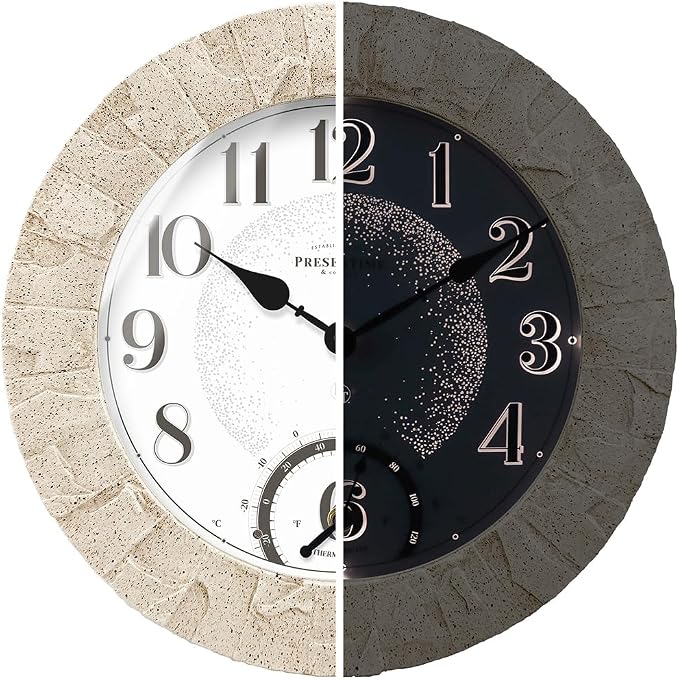 Presentime & Co 14" Illuminated in/Outdoor Clock with Smart Sensor and Night Light, Waterproof, Large Wall Clock with Thermometer & Hygrometer, for Garden and Patio - Coastal Sandstone Finish.