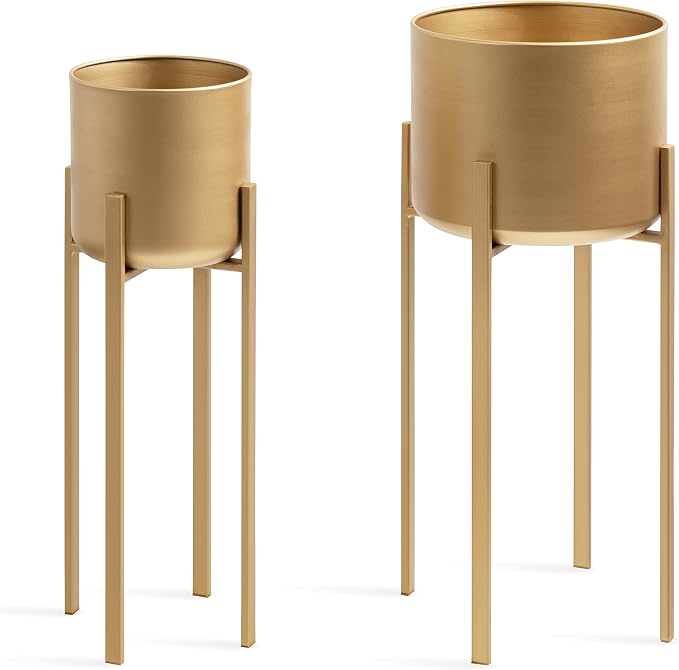 Kate and Laurel Gabi Decorative Glam Metal Planters; Set of 2; Satin Gold; Modern Metallic Indoor Planter Set for Display and Decoration for Use as Living Room Planters or Porch Plant Stands