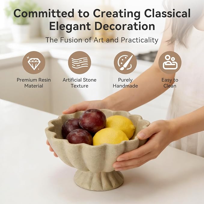 Pedestal Decorative Bowl Home Decor - 7.9" Morden Resin Handmade Decorative Fruit Bowl for Kitchen Counter, Chic Ruffle Bowl Centerpiece Decor for Dining Table Coffee Table (Artificial Stone Beige)