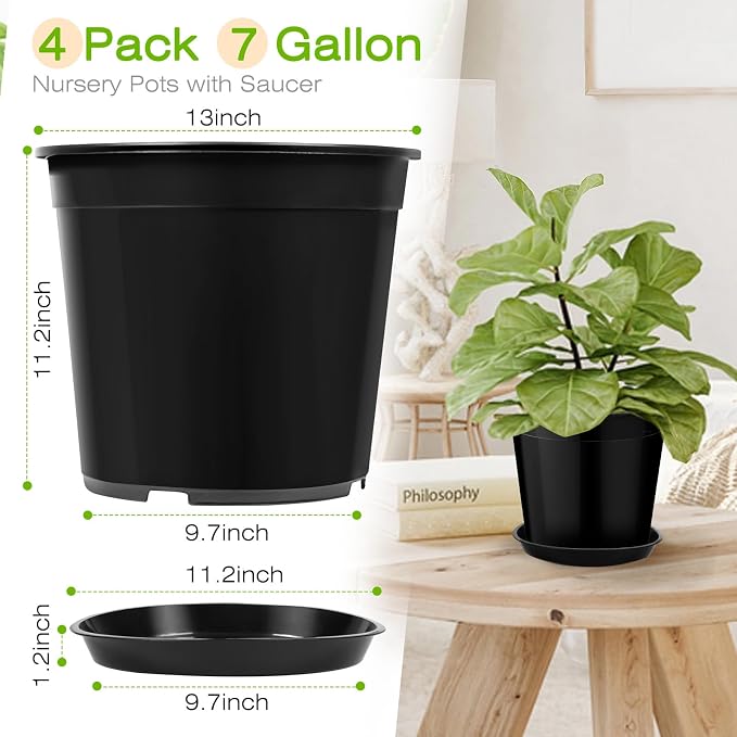 FUIJOL 7 Gallon Plastic Pots with Drip Trays, Sturdy Gallon Plant Pots with Drainage Holes, Large Gallon Pots for Flowers, Ideal for Indoor and Outdoor Use (7Gallon-4PACK)