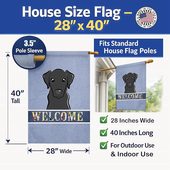 Caroline's Treasures BB1421CHF Black Labrador Welcome House Flag, Blue Large Porch Sleeve Pole Decorative Outside Yard Banner Artwork Wall Hanging, Polyester, House Size, Multicolor
