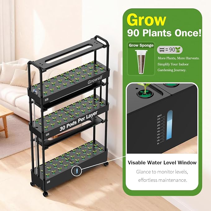 Growell 90 Pods Large Hydroponics Growing System Kit, Indoor Herb Garden | Vertical Hydro Garden with 2 Light Modes & 2 Timer, Smart Water Circulation, 40L Water Tank, Movable with 4 Swivel Casters