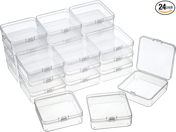SATINIOR 24 Packs Small Clear Plastic Beads Storage Containers Box with Hinged Lid for Storage of Small Items, Crafts, Jewelry, Hardware (2.9 x 2.9 x 1 in)