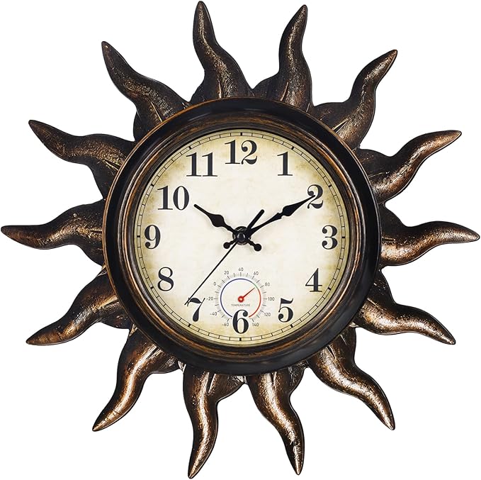 Sun Outdoor Clock with Thermometer - Silent Non-Ticking Retro Decorative Wall Clock, Waterproof PVC for Patio, Garden, Pool, Bathroom, Kitchen Decor - 13 Inch, Bronze