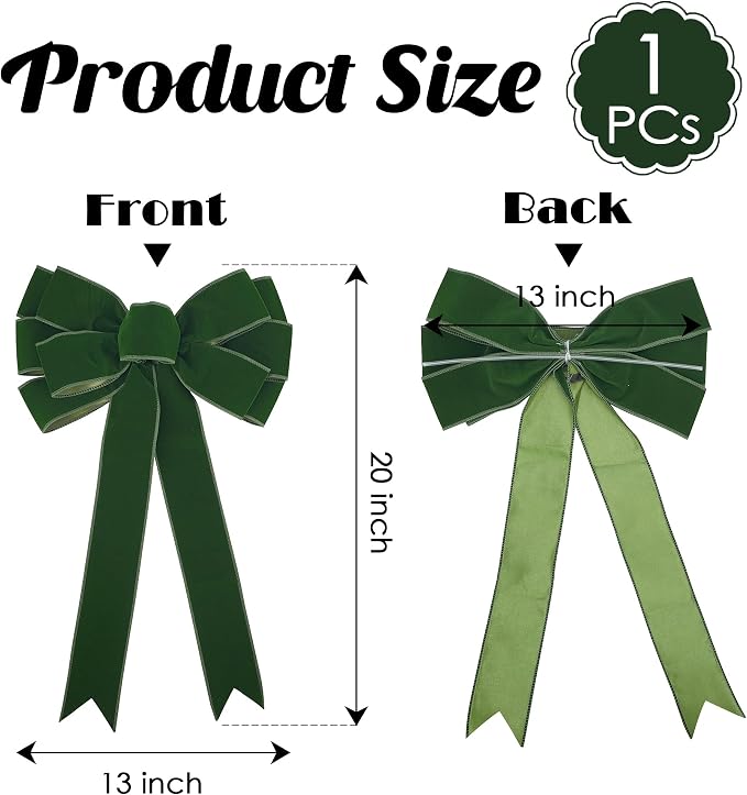 13" Moss Green Bow Pre-Tied Bow for Christmas Tree, Green Velvet Ribbon Bows for Wreaths, Premade Tree Toppers Bows for Gift Wrapping, Party Favor, Christmas Home Indoor Outdoor Decor-1 Count